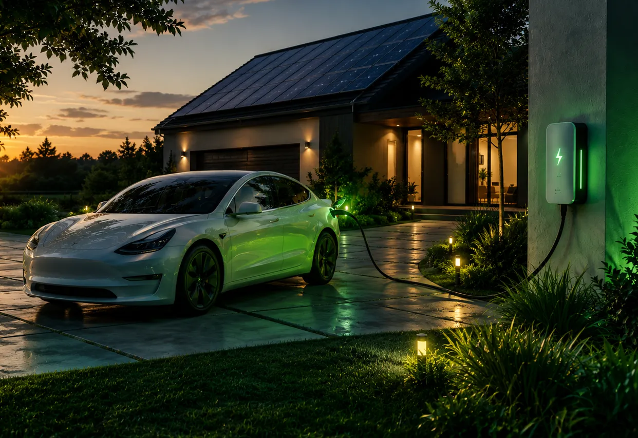 Electric vehicle charging at home with solar panels in background