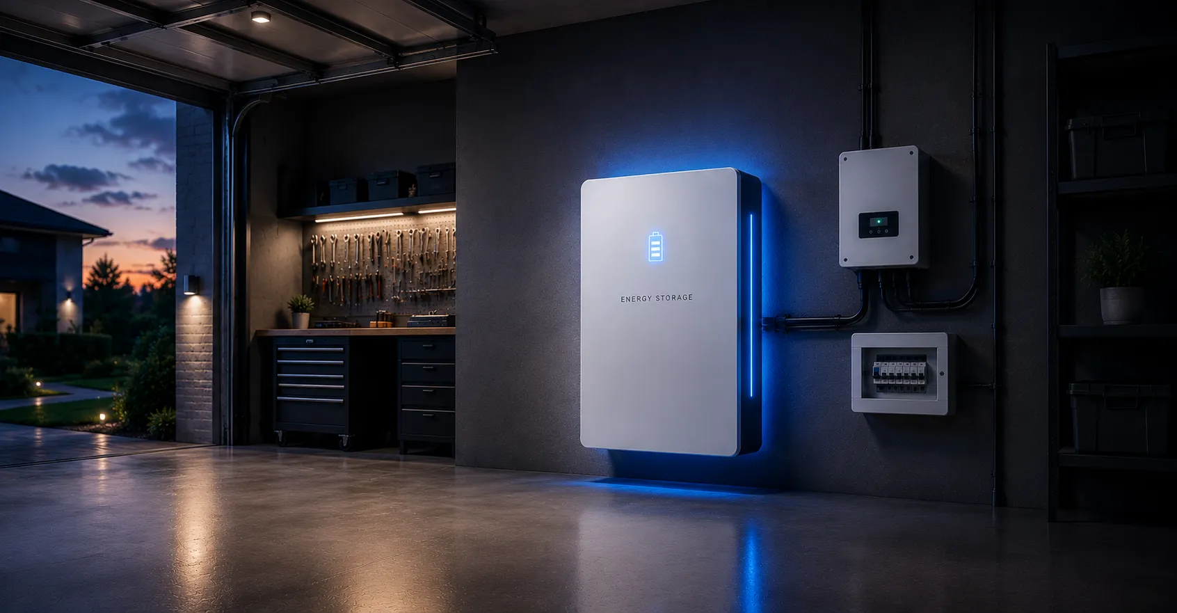 Home battery storage system mounted on garage wall