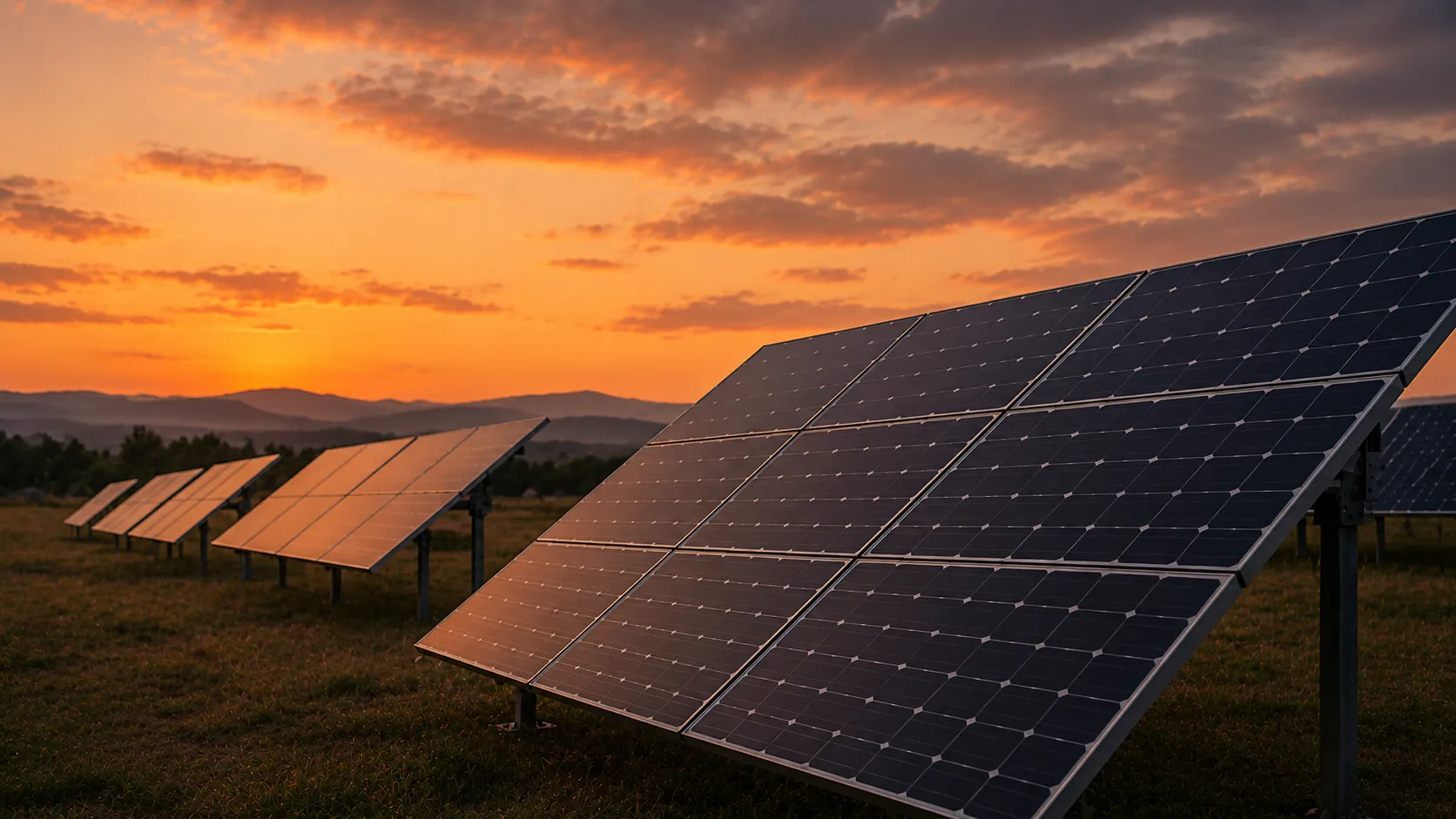 Solar panels on a rooftop at sunset
